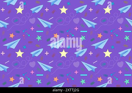 A playful back-to-school vector pattern featuring paper airplanes, stars, and paperclips on a vibrant purple background. Perfect for educational and c Stock Vector