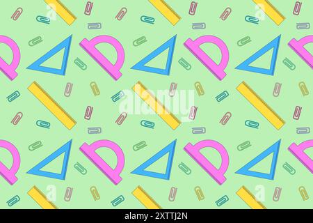 Vibrant pattern of rulers, protractors, paper clips, and triangles. Perfect for school-themed designs and educational materials. Stock Vector