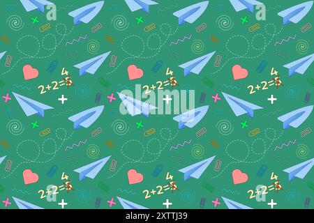 A vibrant vector pattern with paper airplanes, math symbols, and school-themed doodles on a chalkboard green background. Ideal for educational designs Stock Vector