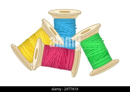 Multicolor sewing or embroidery threads. Different color cotton spools. Colorful bobbin. Tools for sewing, tailoring, accessory for needlework. Vector Stock Vector