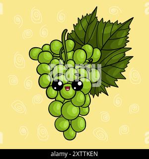 Cute branch of green grapes. Cartoon funny kawaii character. Vector illustration Stock Vector