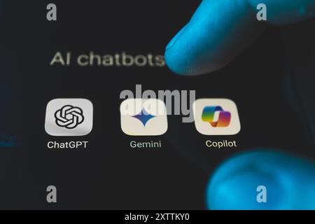Artificial intelligence assistant language models on smartphone screen. ChatGPT, Gemini and Copilot Stock Photo