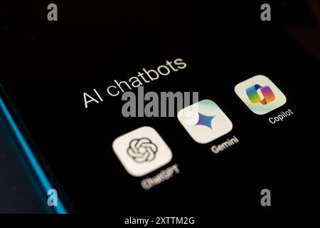 Artificial intelligence assistant language models on smartphone screen. ChatGPT, Gemini and Copilot Stock Photo