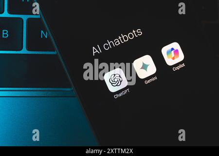 Artificial intelligence assistant language models on smartphone screen. ChatGPT, Gemini and Copilot Stock Photo