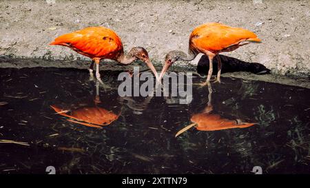 Two Scarlet Ibis birds gracefully foraging in a puddle, their vivid red plumage standing out as they search for food with their beaks immersed in the Stock Photo