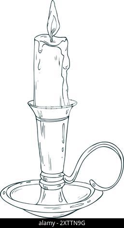 Candlestick with handle with burning candle with wax drips, antique, retro, vintage. Line art is a simple hand-drawn illustration in black and white Stock Vector