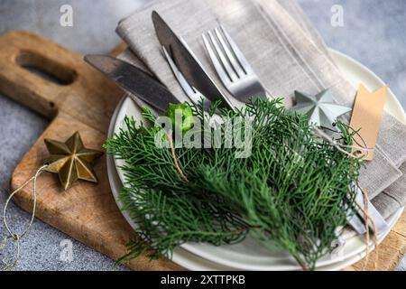 Christmas table setting with fresh thujia Stock Photo