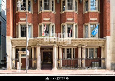 Toronto, Canada - August 14, 2024: Colonial architecture in the National Club building. Located at 303 Bay St., the structure is a famous place. Stock Photo