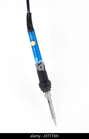 Hand tool soldering iron with the blue handle isolated on a white background Stock Photo