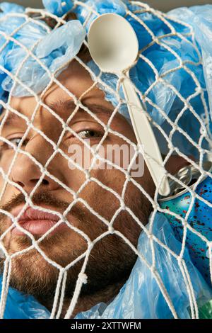 A man's face is partially obscured by a net of plastic bags and a plastic spoon. Stock Photo