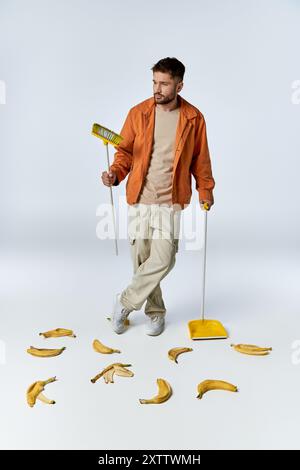 A man stands in a white studio, surrounded by banana peels, holding a broom and dustpan. Stock Photo