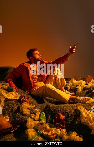 A man sits amidst a pile of plastic waste, reaching out with his hand towards the sky. Stock Photo