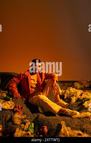 A man sits on a pile of discarded plastic bags and containers, his expression contemplative. Stock Photo