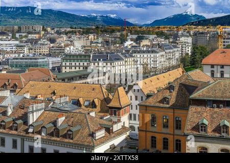 Stunning cityscapes taken over the rooftops of Geneva from the tower on St Pierre Cathedral (Cathédrale Saint-Pierre) Geneva, Switzerland. Stock Photo