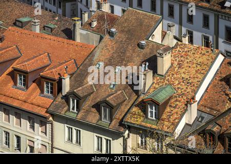 Stunning cityscapes taken over the rooftops of Geneva from the tower on St Pierre Cathedral (Cathédrale Saint-Pierre) Geneva, Switzerland. Stock Photo