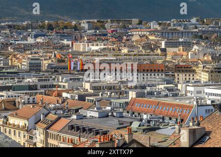 Stunning cityscapes taken over the rooftops of Geneva from the tower on St Pierre Cathedral (Cathédrale Saint-Pierre) Geneva, Switzerland. Stock Photo