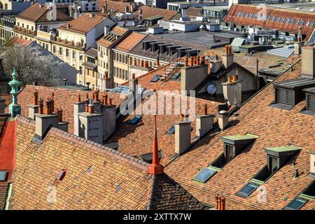 Stunning cityscapes taken over the rooftops of Geneva from the tower on St Pierre Cathedral (Cathédrale Saint-Pierre) Geneva, Switzerland. Stock Photo