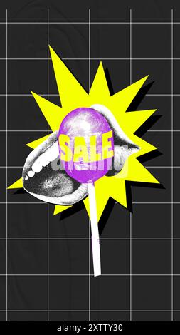 Creative vertical design with female mouth and lollipop with word sale against dark background. Low price, sell out season. Contemporary art collage. Stock Photo