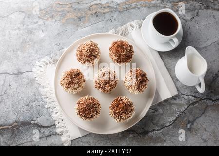 Tasty tiramisu cupcakes is a vanilla cakes are soaked with coffee topped with a rich mascarpone frosting, and dusted generously with cocoa powder clos Stock Photo