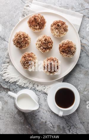 Delicate Tiramisu cupcakes topped with creamy mascarpone cream and cocoa served with coffee close-up in a plate on a table. Vertical top view from abo Stock Photo