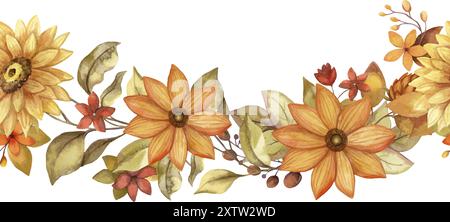 Seamless border with autumn watercolor flower and leaf. Hand drawn floral curve arrangement with blooming in rustic style and orange color. Perfect Stock Vector