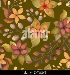 Fall flowers vector seamless pattern with leaves and berries on the olive green background. Hand drawn watercolor autumn floral illustration in red Stock Vector