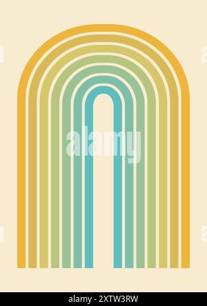 Aesthetic minimalistic geometric colorful poster illustration. Boho home 2d decor of lines in yellow green colors. Rainbow retro 50's wall art. A4 siz Stock Vector