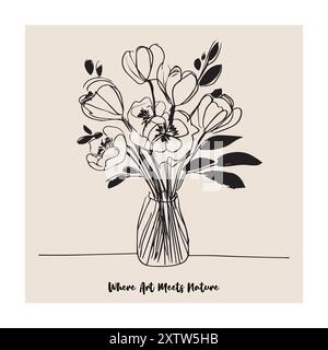 Hand drawn  Black and white pen and ink drawing Line sketch of a vase with flowers in the Art Nouveau style with an inscription. Abstract illustration Stock Vector