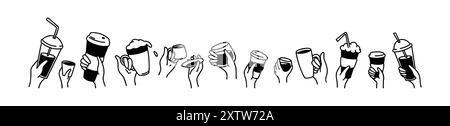 Raising hands up with coffee. Cute line doodle. Different types and size hot drinks. Group of people, men and women in the morning at breakfast. Frien Stock Vector