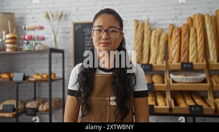 Young chinese woman working in a bakery with various breads and pastries displayed on shelves in the background Stock Photo