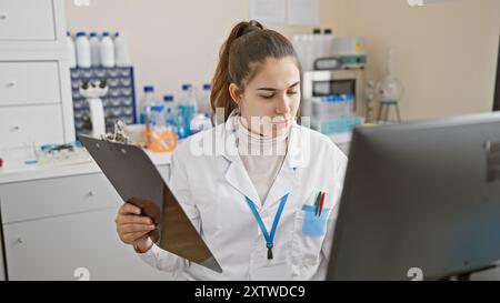 A focused woman technician analyzes data on a computer inside a modern laboratory. Stock Photo