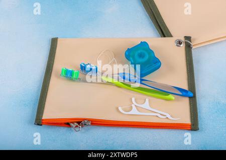 Dental cleaning kit in beach bag. set for thorough cleaning of the oral cavity. Equipment for cleaning braces and plaque from teeth. Necessary tools f Stock Photo