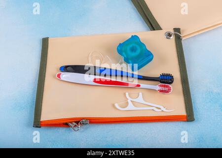 Dental cleaning kit in beach bag. set for thorough cleaning of the oral cavity. Equipment for cleaning braces and plaque from teeth. Necessary tools f Stock Photo