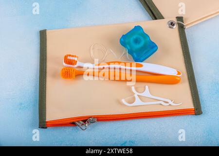 Dental cleaning kit in beach bag. set for thorough cleaning of the oral cavity. Equipment for cleaning braces and plaque from teeth. Necessary tools f Stock Photo