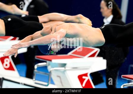 Maxime Grousset of France competes in the swimming 100m Butterfly Men Final during the Paris 2024 Olympic Games at La Defense Arena in Paris (France), August 03, 2024. Stock Photo