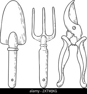 Garden tools linear icons and doodles. Garden rake, garden fork, flower trowel, hand cultivator, pruning shears, secateurs, bayonet shovel, brush Stock Vector