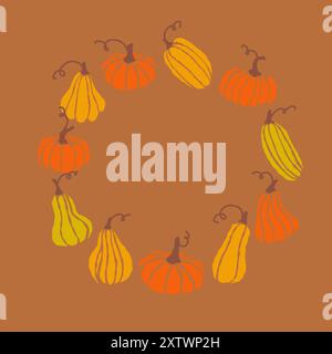 Colorful assortment of pumpkins arranged in a circular pattern against a brown background during autumn Stock Vector