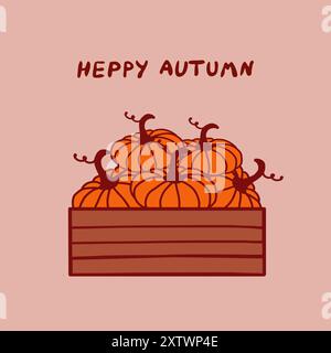 A wooden box filled with vibrant pumpkins and autumn-themed text on a soft background Stock Vector