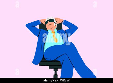 A relaxed businessman in a blue suit reclining in an office chair with his hands behind his head on a pink background. Stock Photo