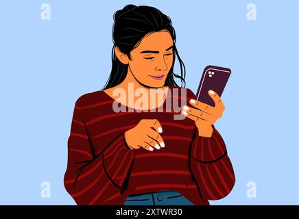 Woman smiling while reading a text message on her smartphone. Stock Photo
