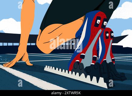 An animated runner prepares at the starting line with focus on their spiked running shoes and starting blocks on a track field. Stock Photo