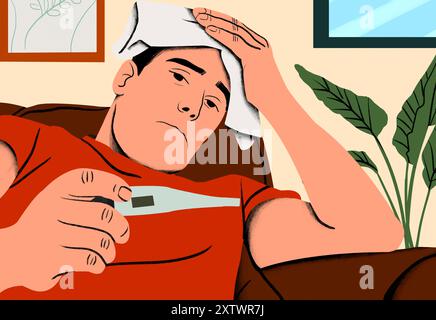 A cartoon illustration of a man lying on a couch looking sick, holding a thermometer and a cloth on his forehead. Stock Photo