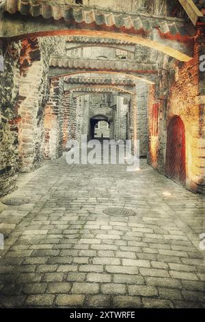 Vintage style image of old european town street Stock Photo