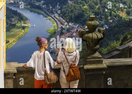 Koenigstein Fortress in Saxon Switzerland. View of the Elbe valley from Friedrichsburg Castle, Koenigstein Fortress, Koenigstein, Saxony, Germany, Eur Stock Photo