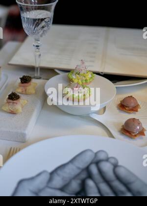 Elegant gourmet appetizers on white porcelain dishes with a backdrop featuring a wine glass, a menu, and a napkin illustrated with a hand sketch. Stock Photo