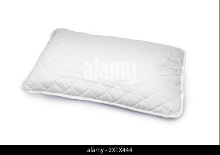 White hypoallergenic pillow in hotel or resort room is isolated on white background with clipping path. Stock Photo