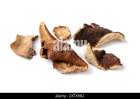 Heap of  dried orange peel close up isolated on white background Stock Photo