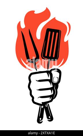 Bbq fork and spatula in hand. Barbecue grill logo and emblem. Symbol vector illustration for restaurant menu Stock Vector