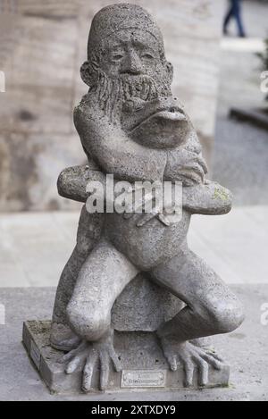 Frog rider, stone sculpture on the Old Main Bridge by sculptor Richard Rother, Kitzingen, Lower Franconia, Bavaria, Germany, Europe Stock Photo