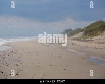 Scenic view of the sea and sand dune on the beach on a gloomy, cloudy weather, Skagen, Denmark. Stock Photo